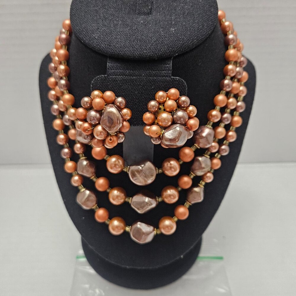 VINTAGE JAPAN BEADED MULTI-BROWN LAYERED NECKLACE & CLIP-ON EARRINGS